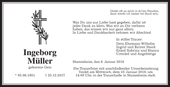 Traueranzeige von Ingeborg Müller von Wetterauer Zeitung, Wetterauer Zeitung