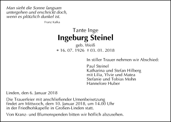 Traueranzeige von Ingeburg Steinel von Giessener Allgemeine, Alsfelder Allgemeine