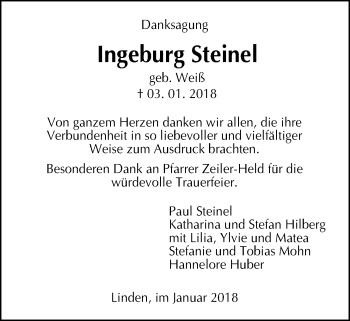 Traueranzeige von Ingeburg Steinel von Giessener Allgemeine, Alsfelder Allgemeine