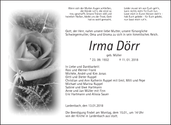 Traueranzeige von Irma Dörr von Giessener Allgemeine, Alsfelder Allgemeine