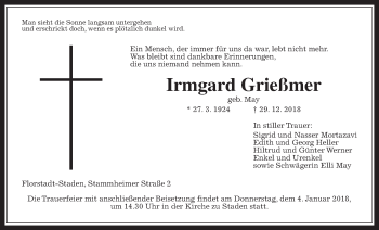 Traueranzeige von Irmgard Grießmer von Wetterauer Zeitung, Wetterauer Zeitung