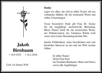 Traueranzeige von Jakob Birnbaum von Licher Wochenblatt, Licher Wochenblatt, Licher Wochenblatt