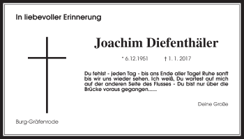 Traueranzeige von Joachim Diefenthäler von Wetterauer Zeitung, Wetterauer Zeitung