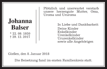 Traueranzeige von Johanna Balser von Giessener Allgemeine, Alsfelder Allgemeine