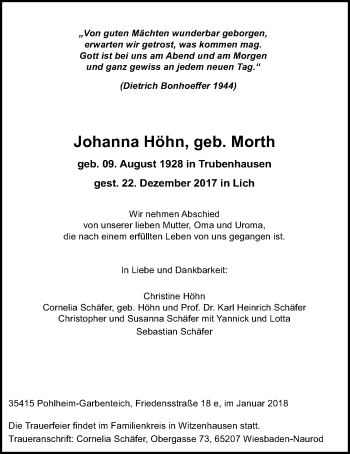 Traueranzeige von Johanna Höhn von Pohlheimer Nachrichten