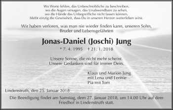 Traueranzeige von Jonas-Daniel Jung von Giessener Allgemeine, Alsfelder Allgemeine