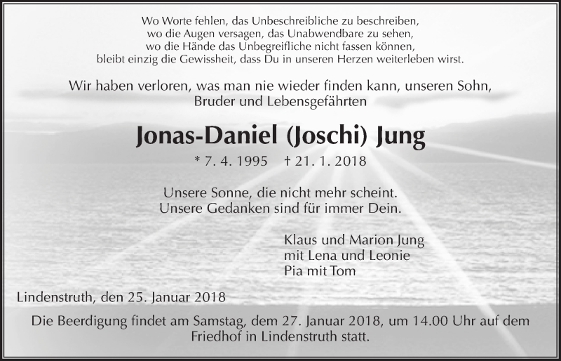  Traueranzeige für Jonas-Daniel Jung vom 25.01.2018 aus Giessener Allgemeine, Alsfelder Allgemeine