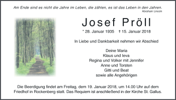 Traueranzeige von Josef Pröll von Wetterauer Zeitung, Wetterauer Zeitung