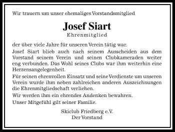 Traueranzeige von Josef Siart von Wetterauer Zeitung, Wetterauer Zeitung