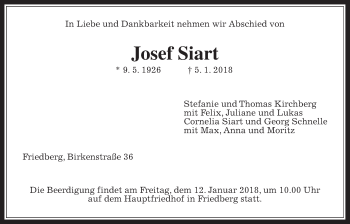 Traueranzeige von Josef Siart von Wetterauer Zeitung, Wetterauer Zeitung