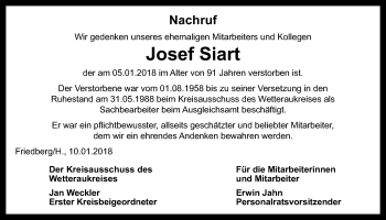 Traueranzeige von Josef Siart von Wetterauer Zeitung, Wetterauer Zeitung