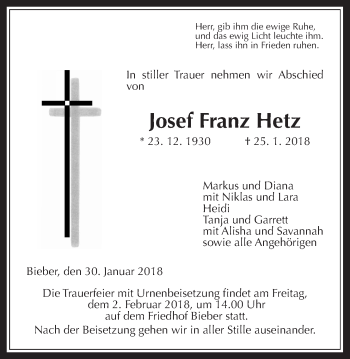 Traueranzeige von Josef Franz Hetz von Giessener Allgemeine, Alsfelder Allgemeine