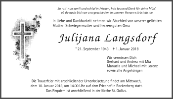 Traueranzeige von Julijana Langsdorf von Wetterauer Zeitung, Wetterauer Zeitung