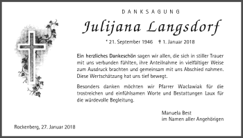Traueranzeige von Julijana Langsdorf von Wetterauer Zeitung, Wetterauer Zeitung