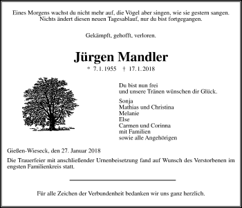 Traueranzeige von Jürgen Mandler von Giessener Allgemeine, Alsfelder Allgemeine