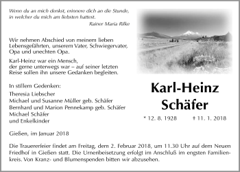Traueranzeige von Karl-Heinz Schäfer von Giessener Allgemeine, Alsfelder Allgemeine