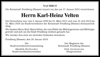 Traueranzeige von Karl-Heinz Velten von Wetterauer Zeitung, Wetterauer Zeitung