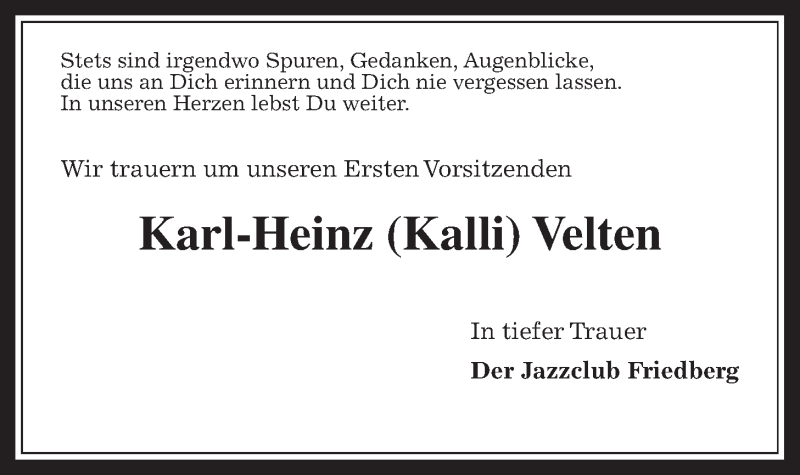 Traueranzeige für Karl-Heinz Velten vom 27.01.2018 aus Wetterauer Zeitung, Wetterauer Zeitung