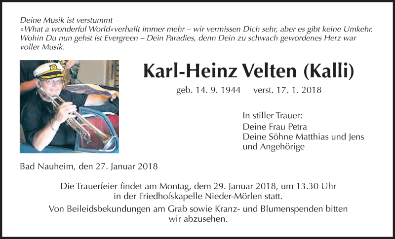  Traueranzeige für Karl-Heinz Velten vom 27.01.2018 aus Wetterauer Zeitung, Wetterauer Zeitung