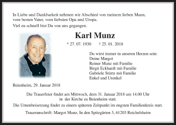 Traueranzeige von Karl Munz von Wetterauer Zeitung, Wetterauer Zeitung