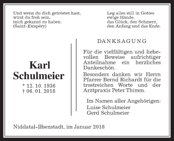 Traueranzeige von Karl Schulmeier von Wetterauer Zeitung, Wetterauer Zeitung