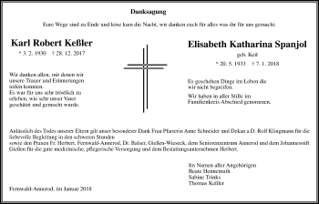 Traueranzeige von Karl Robert und Elisabeth Katharina Keßler und Spanjol von Giessener Allgemeine, Alsfelder Allgemeine