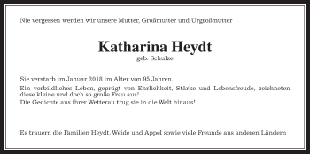 Traueranzeige von Katharina Heydt von Wetterauer Zeitung, Wetterauer Zeitung