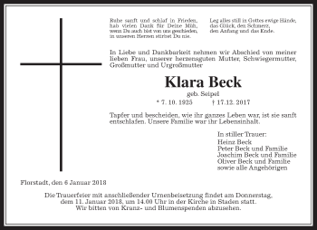 Traueranzeige von Klara Beck von Wetterauer Zeitung, Wetterauer Zeitung