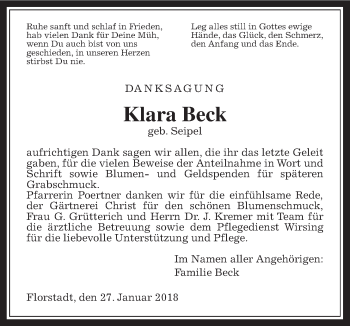 Traueranzeige von Klara Beck von Wetterauer Zeitung, Wetterauer Zeitung