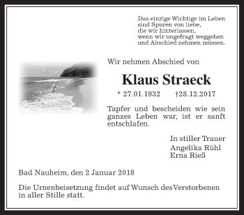 Traueranzeige von Klaus Straeck von Wetterauer Zeitung, Wetterauer Zeitung