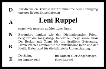 Traueranzeige von Leni Ruppel von Wetterauer Zeitung, Wetterauer Zeitung