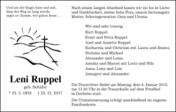 Traueranzeige von Leni Ruppel von Wetterauer Zeitung, Wetterauer Zeitung