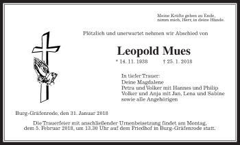 Traueranzeige von Leopold Mues von Wetterauer Zeitung, Wetterauer Zeitung