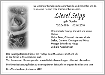 Traueranzeige von Liesel Seipp von Licher Wochenblatt, Licher Wochenblatt, Licher Wochenblatt