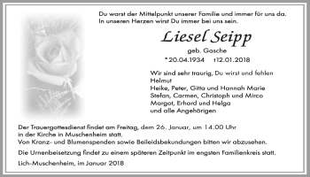 Traueranzeige von Liesel Seipp von Giessener Allgemeine, Alsfelder Allgemeine