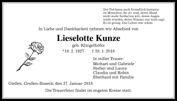Traueranzeige von Lieselotte Kunze von Alsfelder Allgemeine, Giessener Allgemeine, Alsfelder Allgemeine