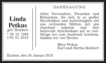 Traueranzeige von Linda Petkus von Wetterauer Zeitung, Wetterauer Zeitung