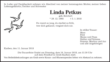 Traueranzeige von Linda Petkus von Wetterauer Zeitung, Wetterauer Zeitung