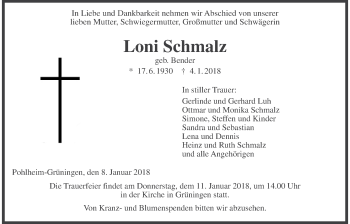 Traueranzeige von Loni Schmalz von Giessener Allgemeine, Alsfelder Allgemeine