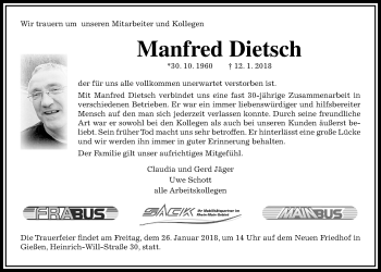 Traueranzeige von Manfred Dietsch von Giessener Allgemeine, Alsfelder Allgemeine