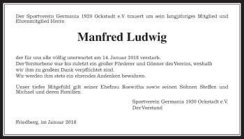 Traueranzeige von Manfred Ludwig von Wetterauer Zeitung, Wetterauer Zeitung