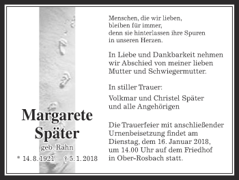 Traueranzeige von Margarete Später von Wetterauer Zeitung, Wetterauer Zeitung
