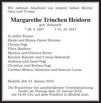 Traueranzeige von Margarethe Trinchen Heidorn von Wetterauer Zeitung, Wetterauer Zeitung