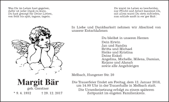 Traueranzeige von Margit Bär von Wetterauer Zeitung, Wetterauer Zeitung