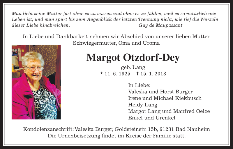  Traueranzeige für Margot Otzdorf-Dey vom 20.01.2018 aus Wetterauer Zeitung, Wetterauer Zeitung