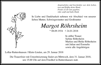 Traueranzeige von Margot Röhrsheim von Giessener Allgemeine, Alsfelder Allgemeine