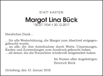 Traueranzeige von Margot Lina Bück von Giessener Allgemeine, Alsfelder Allgemeine