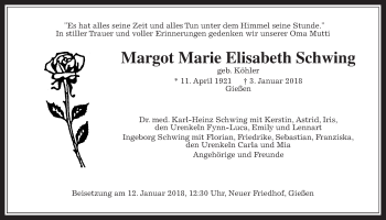 Traueranzeige von Margot Marie Elisabeth Schwing von Giessener Allgemeine, Alsfelder Allgemeine