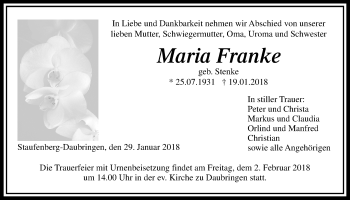 Traueranzeige von Maria Franke von Giessener Allgemeine, Alsfelder Allgemeine