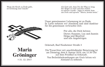 Traueranzeige von Maria Gröninger von Wetterauer Zeitung, Wetterauer Zeitung